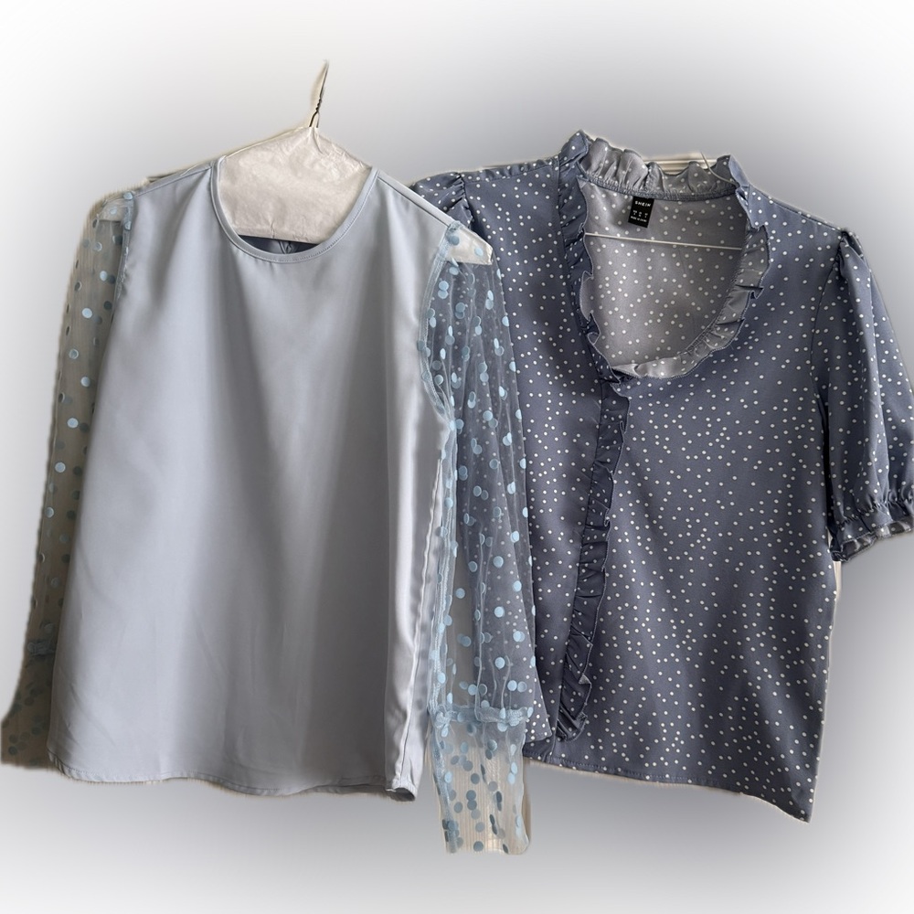 1 short sleeve blue top w/ruffle trim, 1 long mesh sleeve blue top, size small